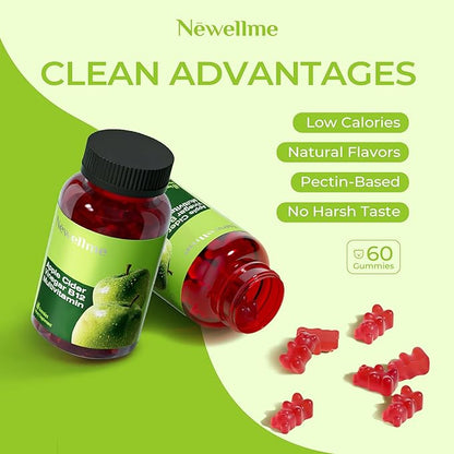 NEWELLME ACV Gummies with the Mother & B12 – Sugar-Free, Great-Tasting Vegan Gummies for Digestion, Metabolism & Daily Energy Support, 120 Count