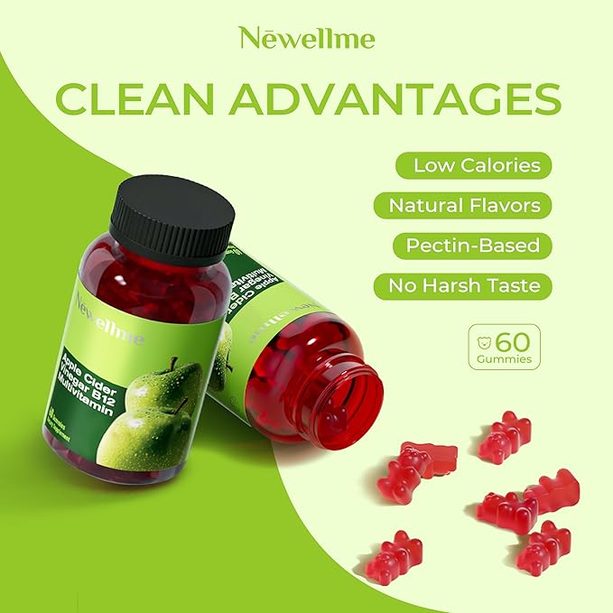 NEWELLME ACV Gummies with the Mother & B12 – Sugar-Free, Great-Tasting Vegan Gummies for Digestion, Metabolism & Daily Energy Support, 60 Count