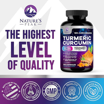 Turmeric Curcumin Supplement - 1350mg Organic Turmeric Per Serving - 95% Curcuminoids & BioPerine Black Pepper Extract for Best Absorption - Natural Vegan Joint Support, Bottled in USA - 240 Capsules