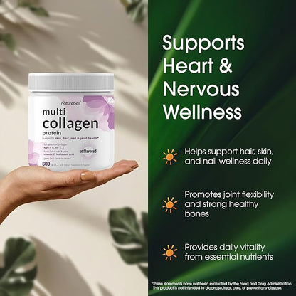 NatureBell Multi Collagen Protein Powder - 600g - Hydrolyzed Collagen Peptides - for Skin, Hair, Nail, Joint & Bone Health Support* - Grass-Fed & Keto-Friendly - Unflavored