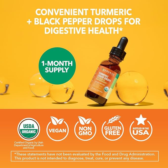 USDA Organic Turmeric Liquid Drops with Black Pepper - 1000mg Curcumin Supplement for Immune & Digestive Health - 30 Servings - Enhanced Absorption - Non-GMO, Vegan, Gluten Free - Unflavored, 1 Fl Oz