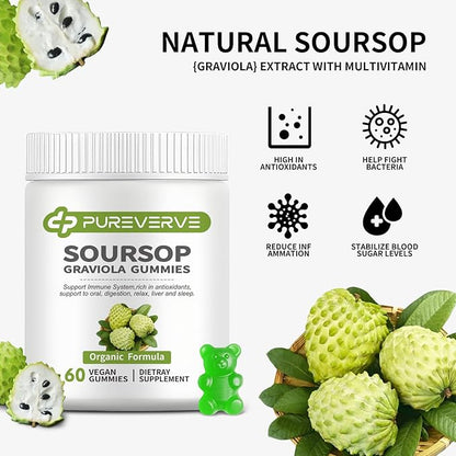 Soursop Graviola Gummies, Max Strength Soursop Leaves Extract with Sea Moss & Zinc for Cell Support & Regeneration, Immunity, Liver and Antioxidant, Sugar/Gluten Free, Vegan - 60 CT