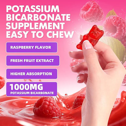 Potassium Gummies 1000mg, Potassium Bicarbonate Supplement for Adults & Kids, Support Electrolyte Balance & Muscle Heath, Sugar-Free, Raspberry Flavor, 60 Count