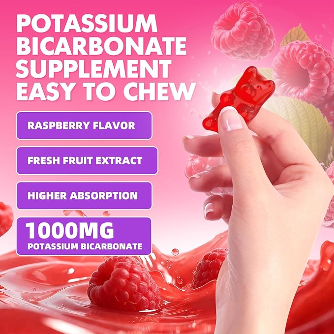 2 Pack Potassium Gummies 1000mg, Potassium Bicarbonate Supplement for Adults & Kids, Support Electrolyte Balance & Muscle Heath, Sugar-Free, Raspberry Flavor, 120 Count