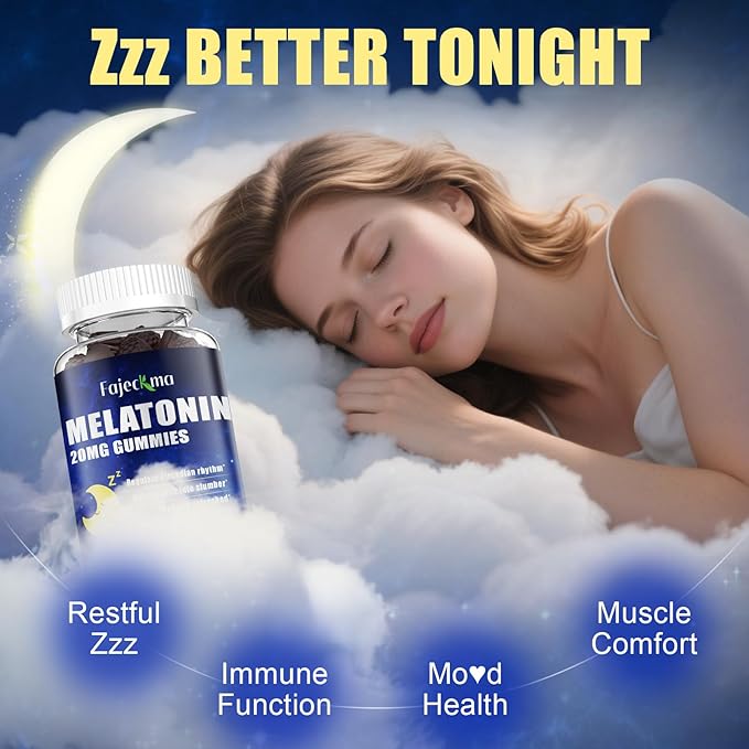 Natural Melatonin 20mg Gummies for Adults: Sugar Free Chewable Supplement with Magnesium Ashwagandha L-Theanine GABA Valerian Root Vitamin B12 Gummy - for Women Men Deep Zzz Immune Support(120Count)