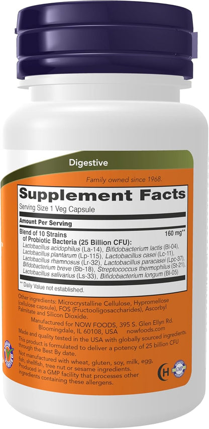 NOW Foods Supplements, Probiotic-10™, 25 Billion, with 10 Probiotic Strains, Dairy, Soy and Gluten Free, Strain Verified, 30 Veg Capsules