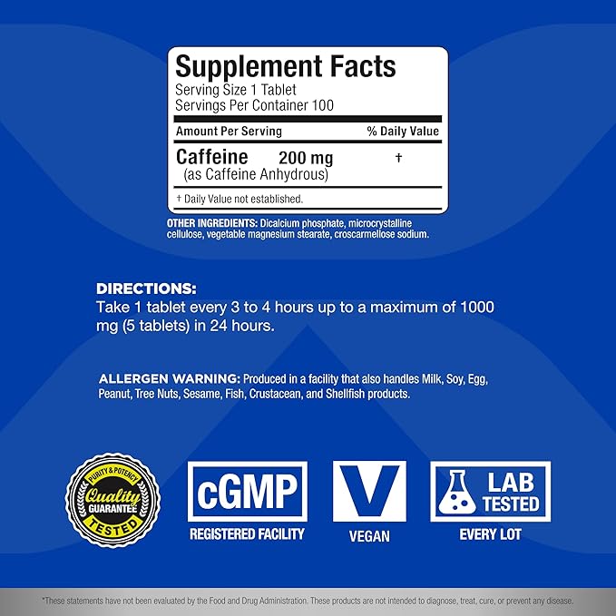 ALLMAX Caffeine - 100 Tablets - Increases Mental Alertness, Focus & Energy - Vegan - 100 Servings