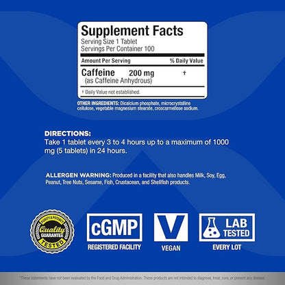 ALLMAX Caffeine - 100 Tablets - Increases Mental Alertness, Focus & Energy - Vegan - 100 Servings