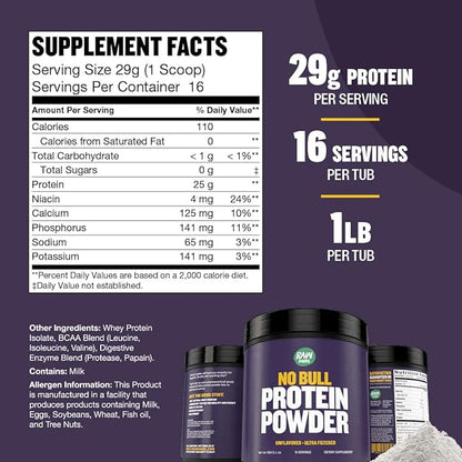 1lb No Bull Unflavored Whey Protein Powder, Pure, Instantized Whey Supplement,High Protein, Low Carb, No Fillers, No Additives, Flavorless
