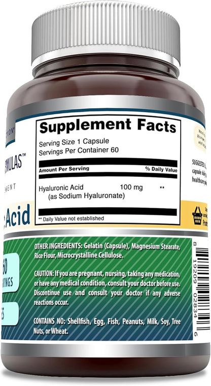 Amazing Formulas Hyaluronic Acid 100 Mg Supplement | Capsules | Non-GMO | Gluten-Free | Made in USA (1 Pack, 60 Count)
