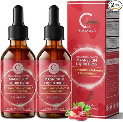 (2 Pack) Magnesium Glycinate Liquid with Chamomile, Hawthorn & Ginger for Stress Relief and Digestive Comfort, Fast Absorption, Non-GMO, Vegan Formula, Sugar Free, Strawberry Flavor, 4 Fl OZ