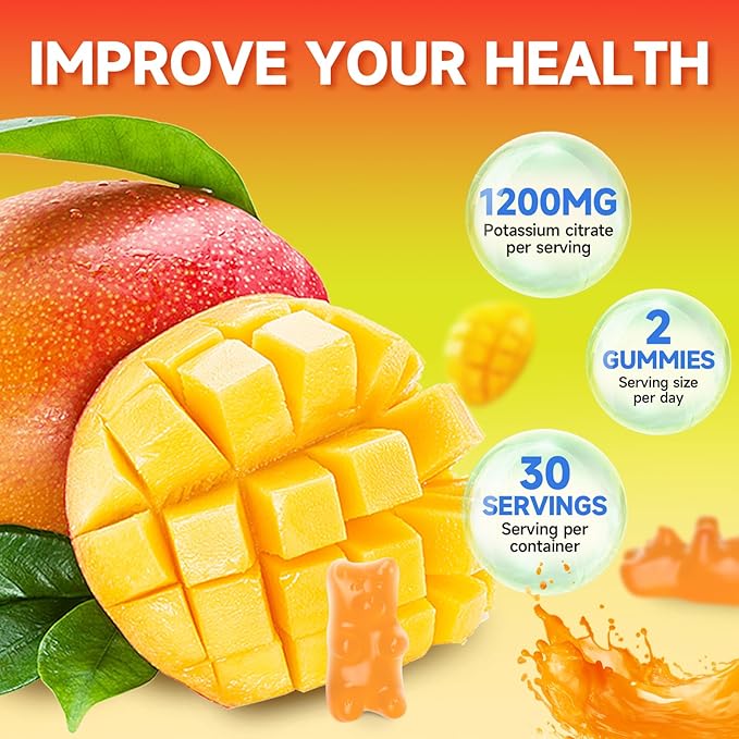 Potassium Citrate Gummies, High Potassium Supplement Gummies 1200mg for Adults & Kids, Support Leg Cramps & Muscle Health, Vegan, Mango Flavor 60 Count