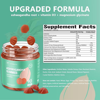 AFXMATE Ashwagandha Gummies for Women Sugar Free, Men's Ashwagandha Supplement Gummy with Vitamin D Magnesium Vegan (90 Counts)