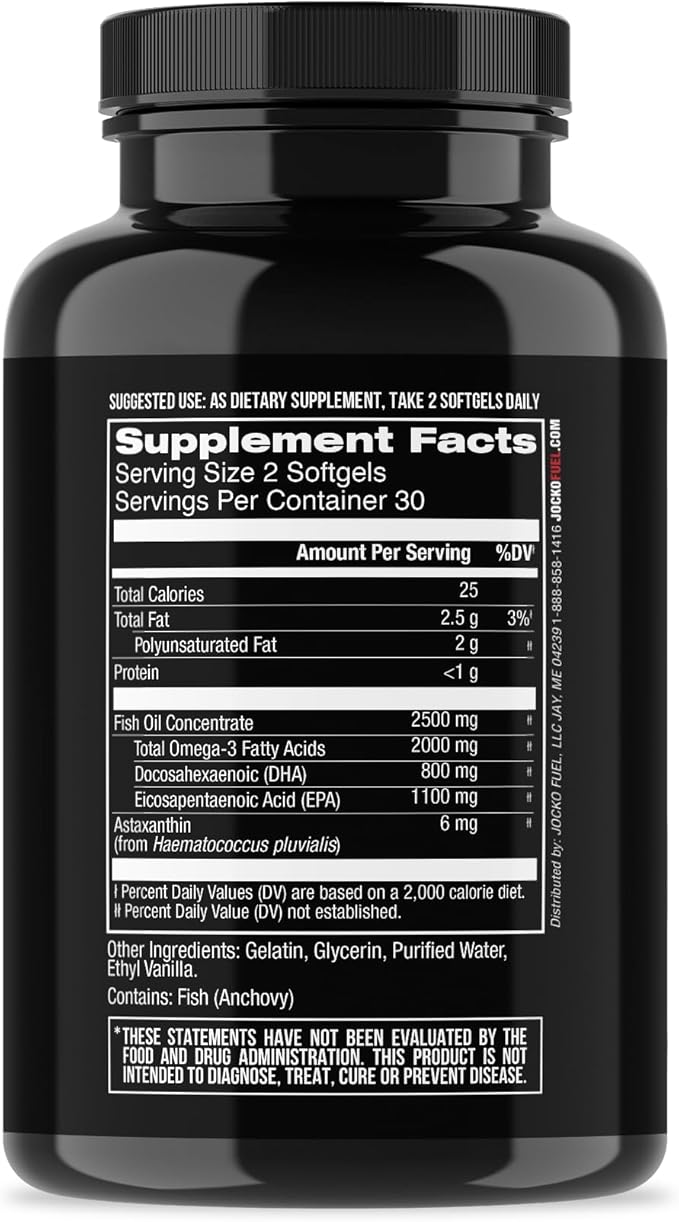 Jocko Fuel Omega 3 Fish Oil Supplement 2000mg - Burpless Fatty Acid Supplement, Wild Caught, Powerful Antioxidant with Astaxanthin (60 Capsules)