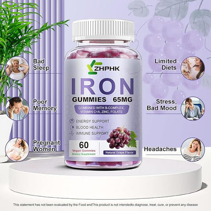 ZHPHK Iron Supplement for Women and Men, Grape Flavored Gummies 65mg and 250mg Vitamin C & Folate for Iron Deficiency and Anemia, Energy Support & Immune Health, 60 Count