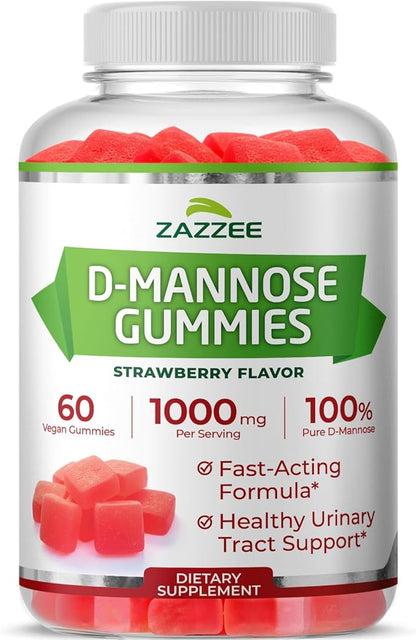 Zazzee D-Mannose Gummies, 1000 mg per Serving, 60 Vegan Gummies, Strawberry Flavor, Non-Sugar-Coated, Potent & Fast-Acting, All-Natural Urinary Tract Health Support, Made in the USA