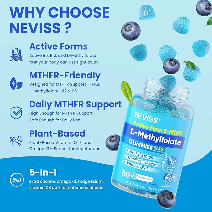 L Methylfolate Gummies & Methyl B12, Active 5-Mthf Methylated Folate 5mg Supplement for Women Men w/Methyl B Complex,Choline,Magesium,Omega-3,Methyl Folate for Methylation,Focus,Mood,Sugar Free,1Pack