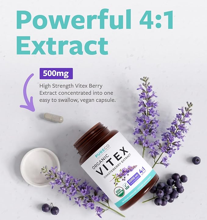 Organic Vitex Chasteberry Supplement for Women - High Strength Chaste Tree Berry Extract Supports Hormone Balance for Women from PMS to Menopause - Filler Free Vegan & Non-GMO (4 Month Supply)