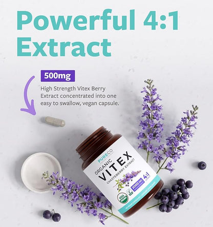 Organic Vitex Chasteberry Supplement for Women - High Strength Chaste Tree Berry Extract Supports Hormone Balance for Women from PMS to Menopause - Filler Free Vegan & Non-GMO (4 Month Supply)
