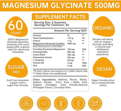 Magnesium Glycinate Gummies 500mg – Sugar Free Magnesium Gummies for Sleep, Stress, Muscle & Nerve Support – for Adults & Kids 4+, Vegan, No Melatonin (Pineapple Flavor, 120 Count)