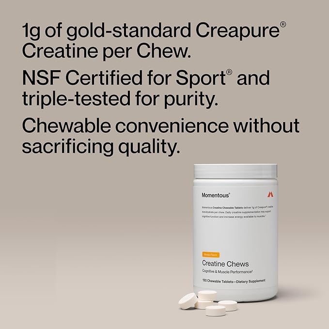 Momentous Creatine Chews - Creatine Monohydrate - Supports Strength, Lean Muscle, & Recovery for Men & Women - NSF Certified for Sport - 150 Chewable Tablets - Mango