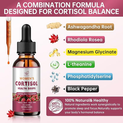 （2 Pack）Cortisol Manager Liquid Drops, Cortisol Supplements for Women, with magnesium ashwagandha, rhodiola rosea,l-theanine,Phosphatidylserine-Promote Relaxation and Support Mood- 30 Day Vegan Supply