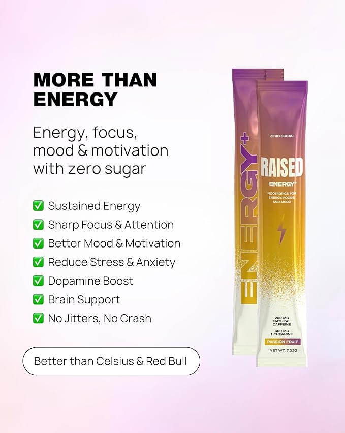 Raised Energy+ Nootropic Drink Mix | 200mg Natural Caffeine + L-Theanine | Zero Sugar | Clean Energy Powder for Focus, Mood & Motivation | 15 Stick Packs | Passion Fruit Flavor