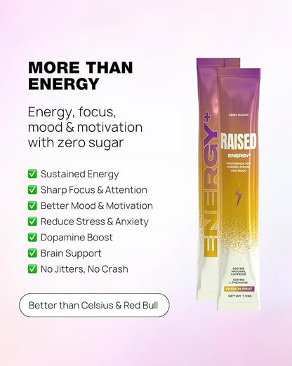 Raised Energy+ Nootropic Drink Mix | 200mg Natural Caffeine + L-Theanine | Zero Sugar | Clean Energy Powder for Focus, Mood & Motivation | 15 Stick Packs | Passion Fruit Flavor