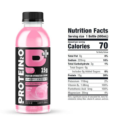 Protein2o 15g Whey Protein Isolate Hydration Drink Plus Energy & Focus,350mg of Electrolytes,Vitamins B5 & B6,Sugar Free,Cotton Candy,16.9 oz Bottle,(Pack of 24)