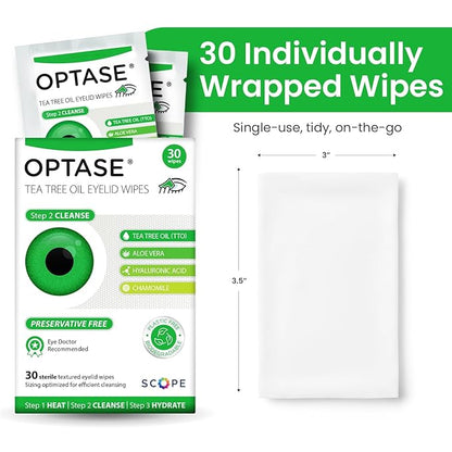 OPTASE TTO Eyelid Cleansing Wipes, 30 Count – Individually Wrapped Tea Tree Oil Eyelid Wipes – Preservative-Free Formula for Daily Use – Eye Doctor Recommended Tea Tree Eye Lid Cleanser