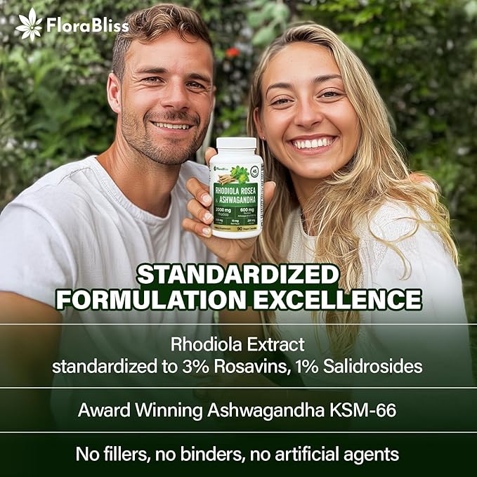 FloraBliss Rhodiola Rosea with Ashwagandha KSM-66, L-Theanine, Holy Basil & Black Pepper - 90 High Potency Vegan Capsules - 45-Day Supply
