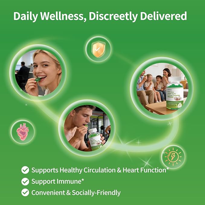 Odorless Aged Garlic Extract Gummies,7500mg Garlic,2 Years Aged Garlic Extract,Grown Allium Sativum Bulb,Potent Antioxidant Supplement,Immune Support,Heart Health,Green Apple Flavor