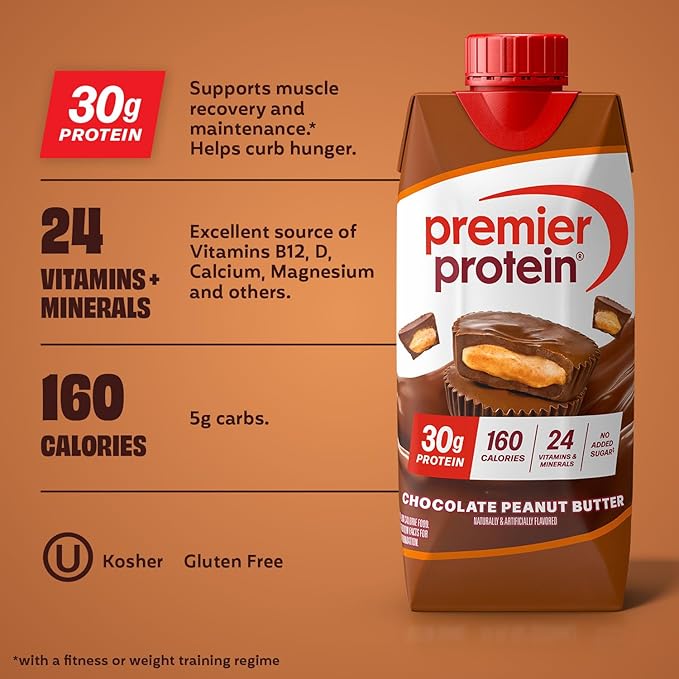 Premier Protein Shake, Chocolate Peanut Butter, 30g Protein, No Added Sugar, 24 Vitamins & Minerals to Support Immune Health, 11 fl oz, 4 Pack