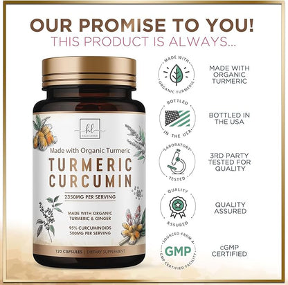 Turmeric Curcumin Supplement with 95% Curcuminoids, Organic Turmeric & Ginger 1750mg, BioPerine Black Pepper for Best Absorption, Nature's Vegan Joint Support, Non-GMO, Bottled in USA - 120 Capsules