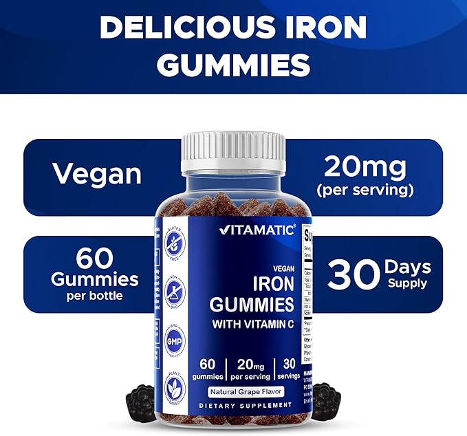 Vitamatic Iron Gummies Supplement for Women & Men - 20mg Serving - 60 Vegan Gummies - Great Tasting Iron Gummy Vitamins with Vitamin C (60 Count (Pack of 3))