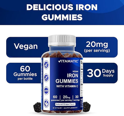 Vitamatic Iron Gummies Supplement for Women & Men - 20mg Serving - 60 Vegan Gummies - Great Tasting Iron Gummy Vitamins with Vitamin C (60 Count (Pack of 3))