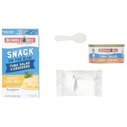 Bumble Bee Snack On The Run! Protein Snack Pack - 9g Protein per Box - Cheesy Melt Tuna Salad with Crackers Kit - Ready to Eat Easy-Open Can - Wild Caught MSC-Certified Tuna (Pack of 12)