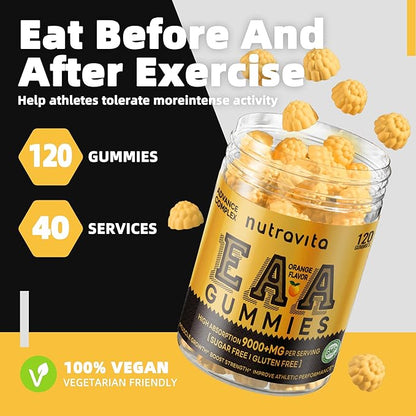 Nutravita EAA Gummies 120 Gummies (Orange), Essential Amino Acids - All 9 Essential Aminos (EAA) and All Branched-Chain Aminos (BCAAs), Non-GMO, Gluten Free, Vegetarian Friendly