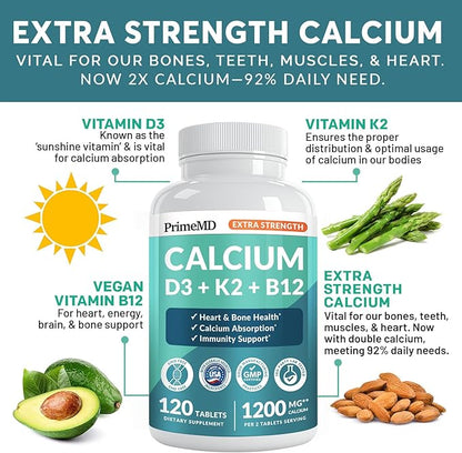 4-in-1 Calcium 1200 mg with Vitamin D3 Supplements for Women and Men - Calcium Extra Strength with Vitamin D3 K2 5000 IU Supplement,1200 mg per Serving - Vegan-Friendly - (120 Count) (Pack of 1)