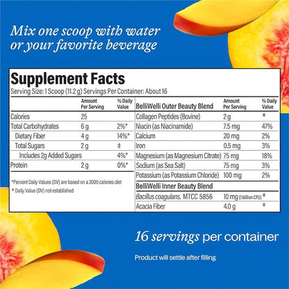BelliWelli Fiber Supplement for Women & Men – Premium Daily Fiber Powder from Organic Acacia with Added Collagen, Electrolytes & Probiotics – No Bloat, Constipation & Gut Health Support (Peach Mango)