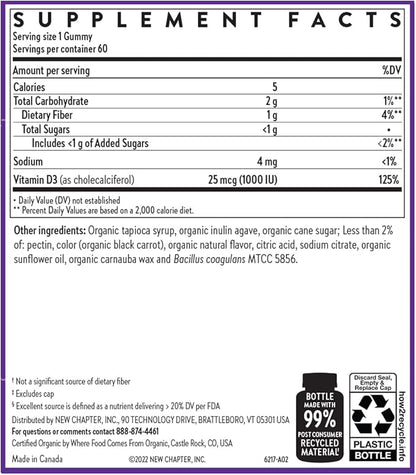 New Chapter Organic Vitamin D3+ Gummies – 52% Less Sugar§, 1,000 IU USDA Organic Vitamin D, ONE Daily Gummy for Strong Bones & Muscle Function, Non-GMO, Gluten Free, Mixed Berry Flavored, 60ct