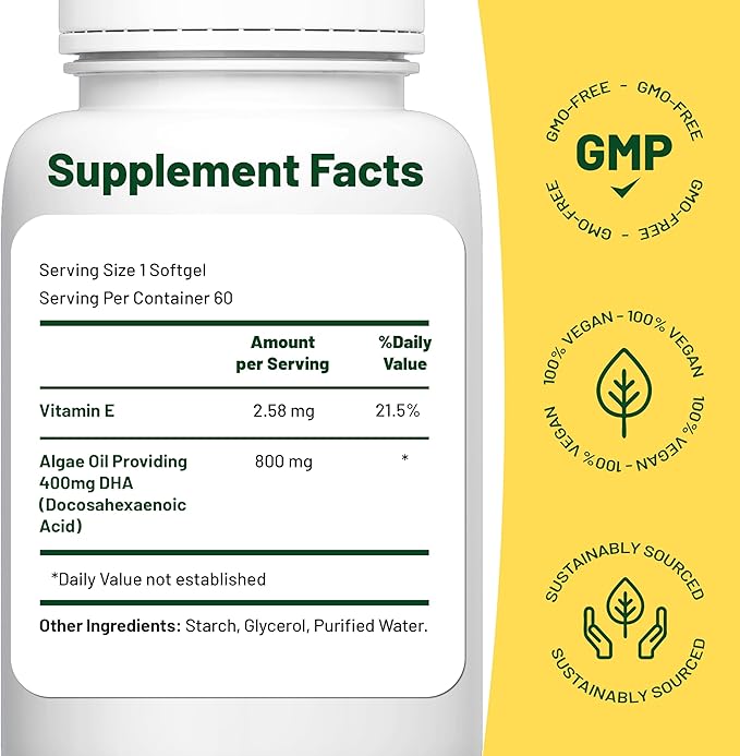 Vegan Vitality Vegan Omega 3 Supplement - 60 Plant Based Algae Oil Soft Gels Essential Fatty Acids with Vegan DHA for Joint, Heart & Immune Support Without EPA