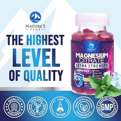 Magnesium Citrate Gummy - High Absorption Magnesium Gummies for Adults & Kids - Enhanced Bioavailability Form Mag Citrate Supplement - Improved Vegan Formula - Delicious Raspberry Flavor - 60 Gummies