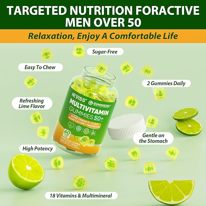 Multivitamin for Men 50 + Plus, Sugar Free Men Multivitamins Gummies w/Omega-3, Coq10, D3k2, Calcium, Magnesium, Zinc, Vitamins A, C & E, Mens Vitamins for 𝖧𝖾𝖱𝗍, Antioxidant, Brain, Bone, 60cts