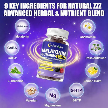 30mg Melatonin Gummies Supplement: Extra Strength Plus Magnesium Ashwagandha L-Theanine Chamomile Valerian GABA Vitamins B6 B12 D3 for Natural Zzz - Sugar Free for Nighttime Adults(120Count)