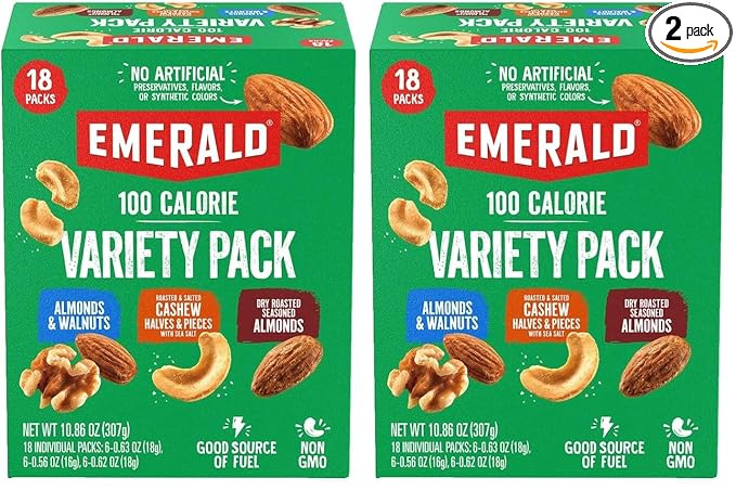 Emerald Nuts Mixed Nuts Variety Pack 18ct (2-Pack), 100-Calorie Individual Packs, Features Dry Roasted Almonds, Natural Almonds & Walnuts, and Roasted & Salted Cashews