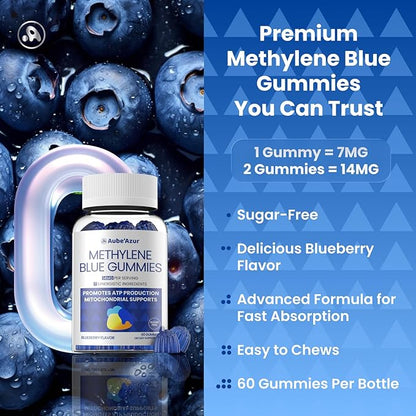 Aube'Azur Methylene Blue Gummies for Humans, 14mg Methylene Blue Supplement with L-Theanine, NAC, Nicotinamide & CoQ10 for Men Women, Fast-Absorbing, Vegan, Sugar-Free, Blueberry Flavor, 60 Count