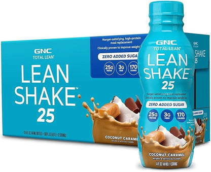 GNC Lean Shake 25 Protein Shake, Clinically Proven Weight Management, Meal Replacement, 25g Protein with Zero Added Sugar, Ready To Drink, Coconut Caramel, Pack of 12