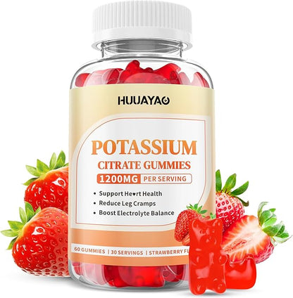 Potassium Citrate Gummies 1200mg for Adults, Women & Men Chewable Potassium Supplement for Muscle Health & Electrolyte Support Sugar Free, Strawberry Flavor, 60 Count