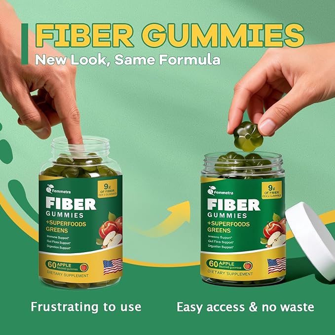 9G Fiber Gummies for Digestive Health & Regularity - No Sugar Added Apple Flavor - Prebiotic Fiber Supplement with Greens - Daily Gummies for Adults, Women & Men - 60CT
